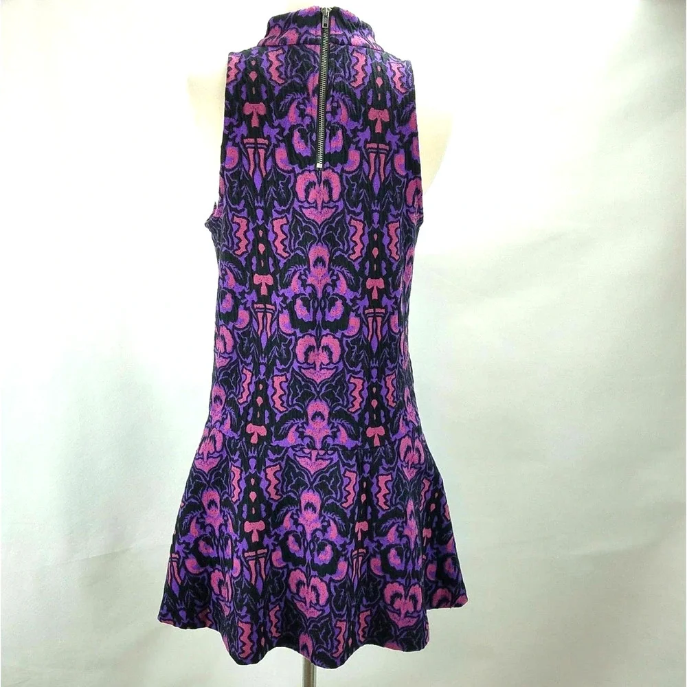 High-Neck Purple Patterned Sleeveless A-Line Dress